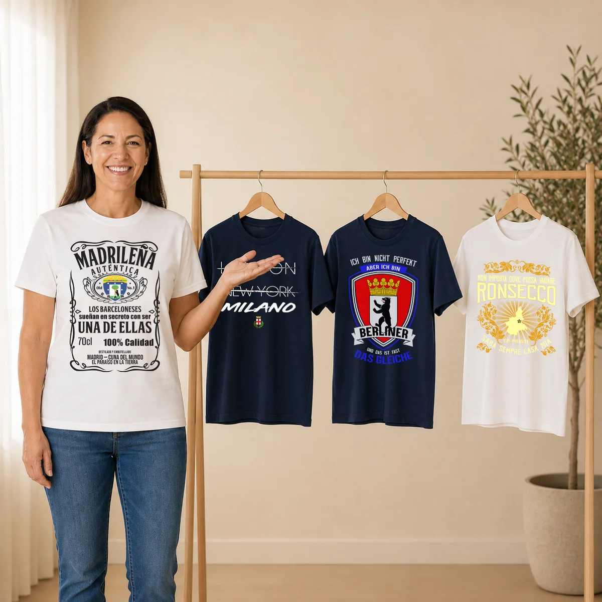 Woman presenting a rack of hometown tees